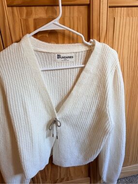 No Boundaries Cream Ribbed V-Neck Tie-Front Cardigan